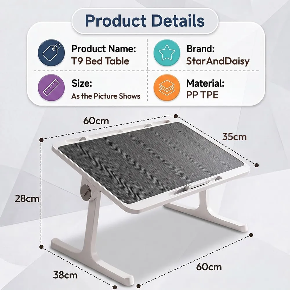 StarAndDaisy T9 Laptop Bed Table for Bed & Sofa, Adjustable Study Table with Storage Drawer, Book Holder, Foldable Legs & 4-Level Angle Adjustment - Black & White - Image 10