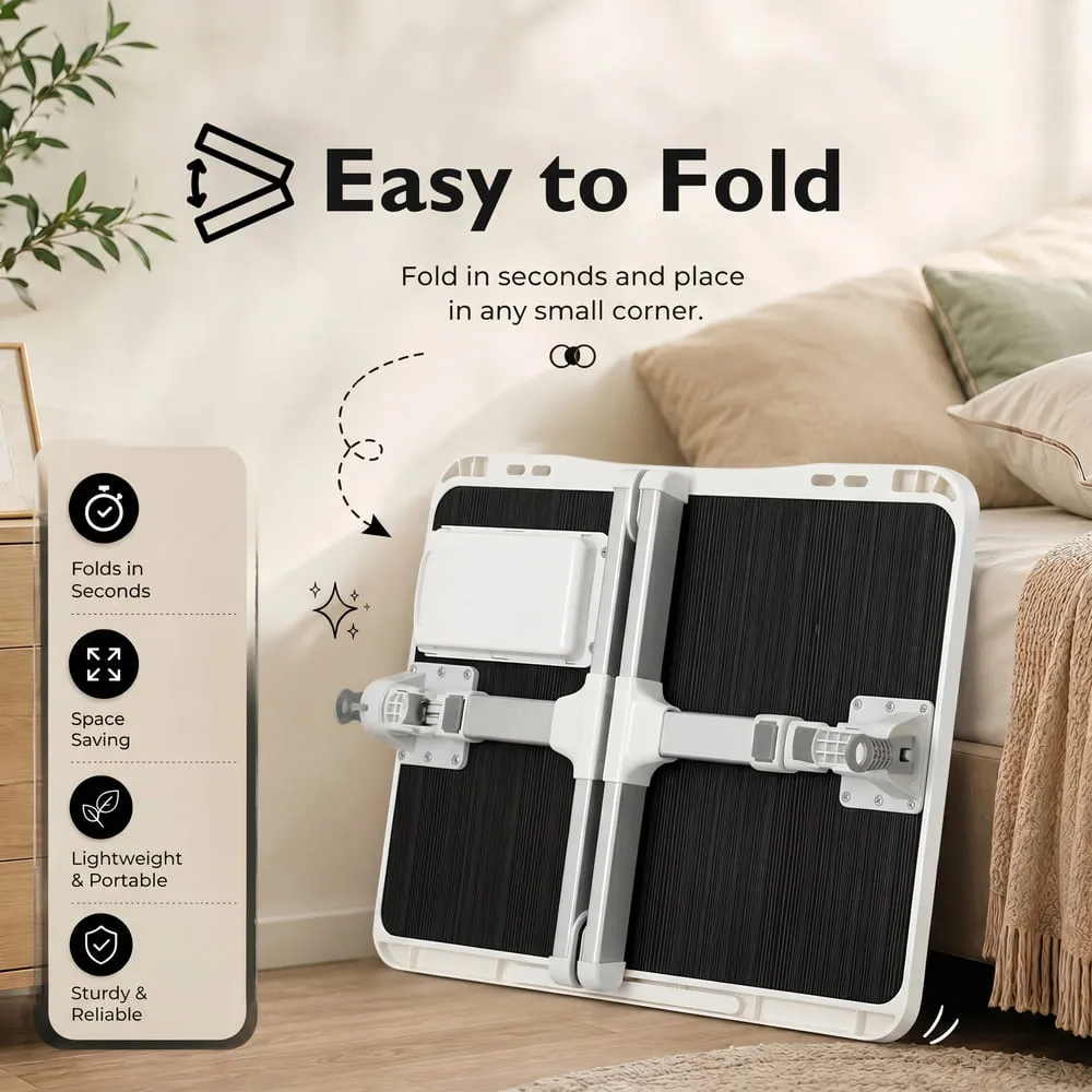StarAndDaisy Adjustable Bed Table for Laptop with Book Holder, USB LED Light & Mini Fan, Foldable Study Table for Bed/Sofa, Side Drawer & Cup/Tablet Slot – Black & White - Image 7