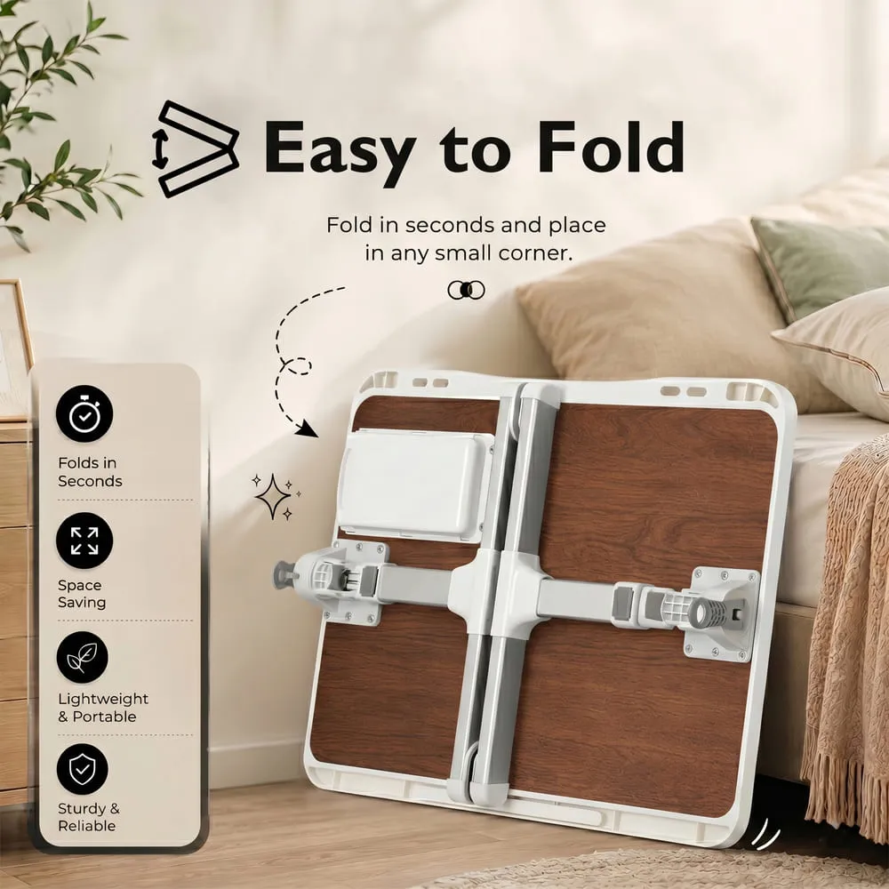 StarAndDaisy Wooden Finish Adjustable Laptop Bed Table with Book Holder, USB LED Light, Mini Fan & Side Drawer | Foldable Study Desk – Dark Brown & White - Image 7