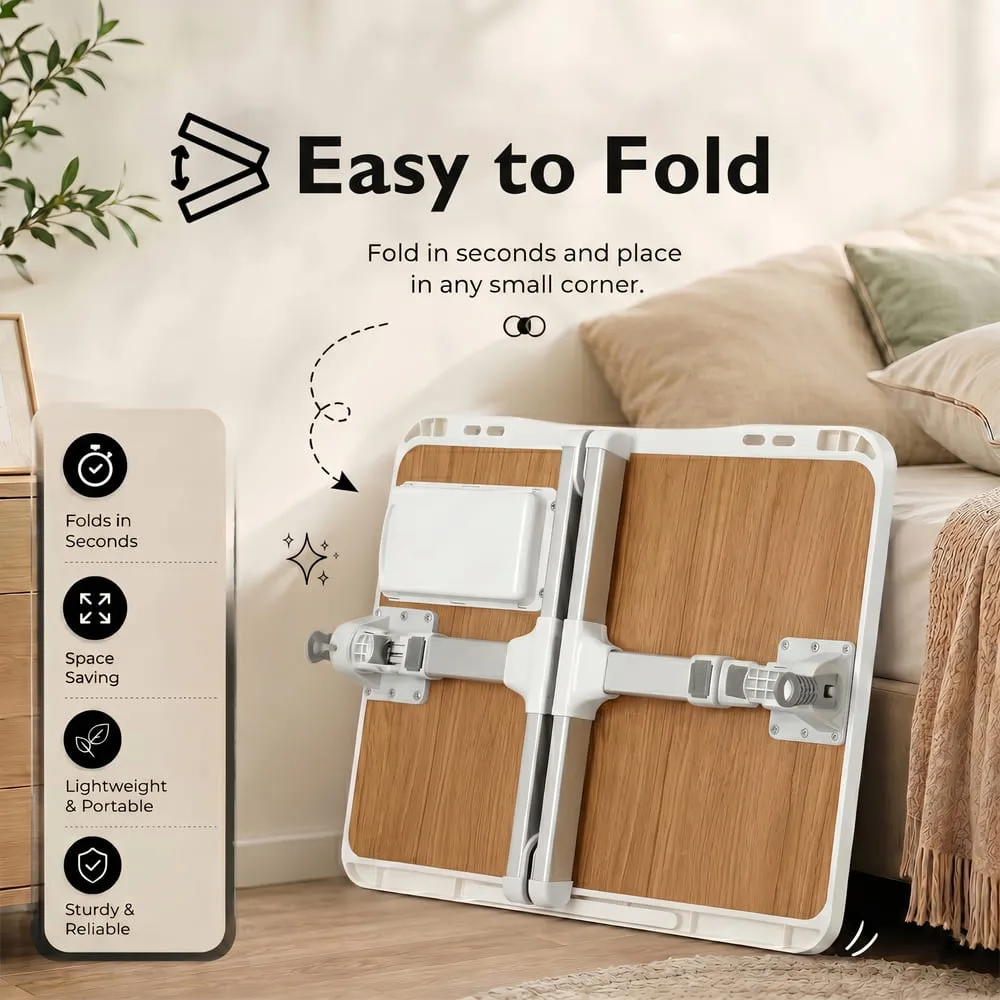 StarAndDaisy Wooden Finish Adjustable Laptop Bed Table with Book Holder, USB LED Light, Mini Fan & Side Drawer | Foldable Study Desk – Brown & White - Image 5