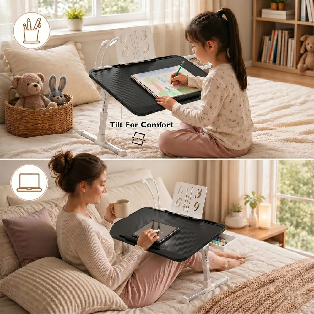 StarAndDaisy Adjustable Bed Table for Laptop with Book Holder, USB LED Light & Mini Fan, Foldable Study Table for Bed/Sofa, Side Drawer & Cup/Tablet Slot – Black - Image 2