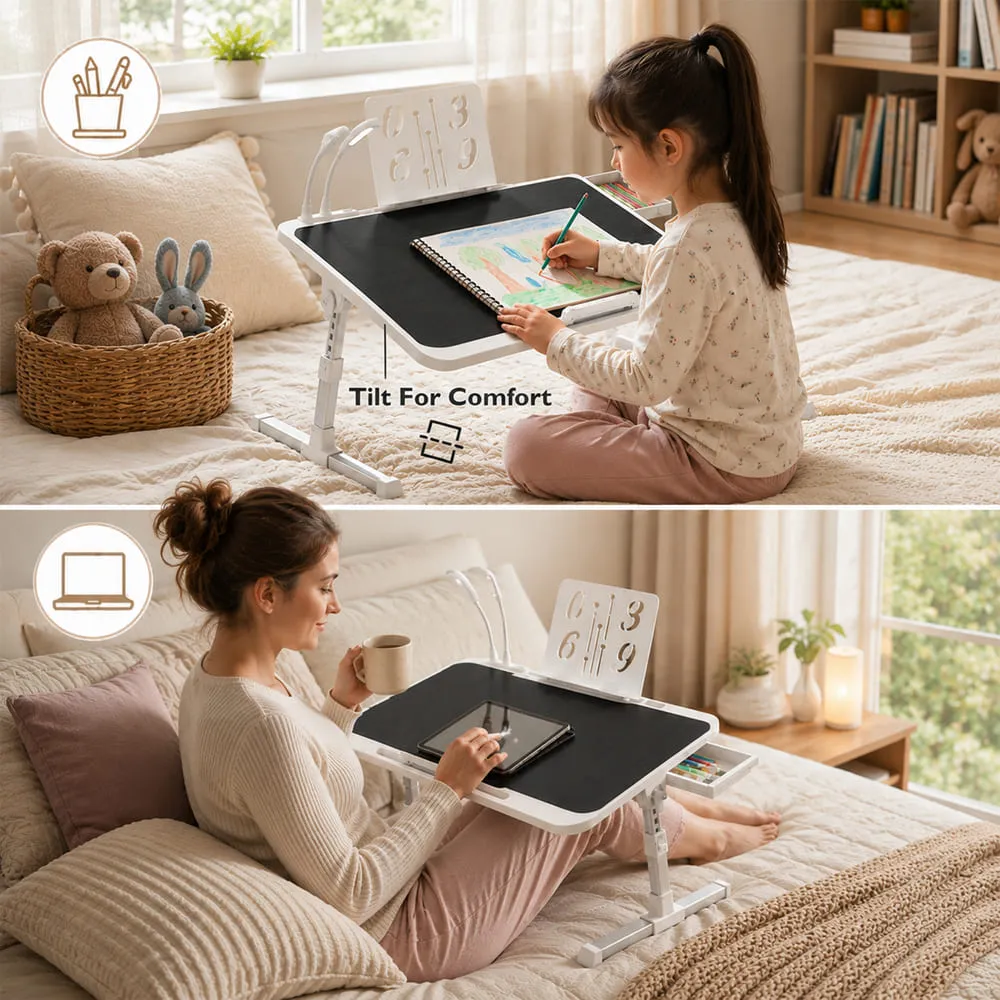StarAndDaisy Adjustable Bed Table for Laptop with Book Holder, USB LED Light & Mini Fan, Foldable Study Table for Bed/Sofa, Side Drawer & Cup/Tablet Slot – Black & White - Image 2