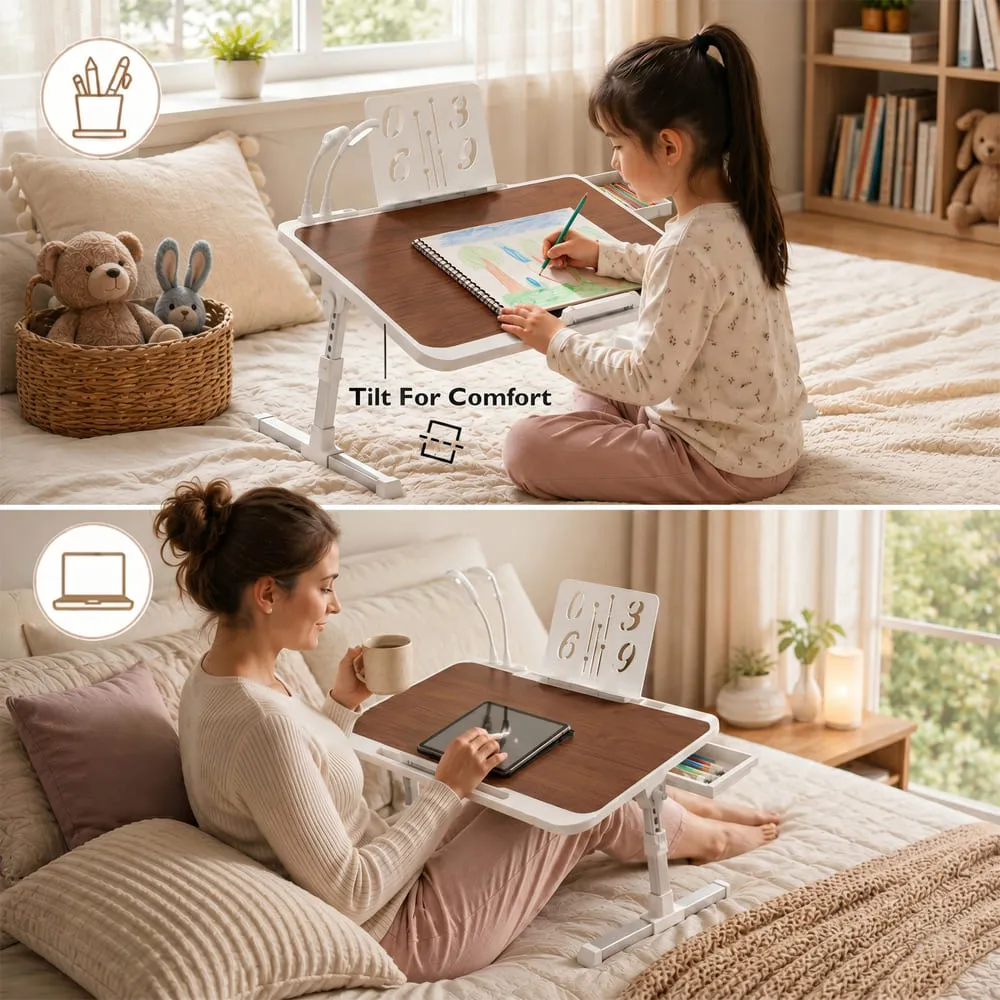 StarAndDaisy Wooden Finish Adjustable Laptop Bed Table with Book Holder, USB LED Light, Mini Fan & Side Drawer | Foldable Study Desk – Dark Brown & White - Image 6