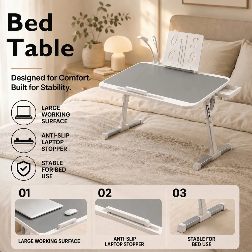 StarAndDaisy Adjustable Laptop Bed Table with USB LED Light, Mini Fan, Book Holder & Storage Drawer, Foldable Lap Desk for Bed, Sofa & Floor - Grey & White - Image 3