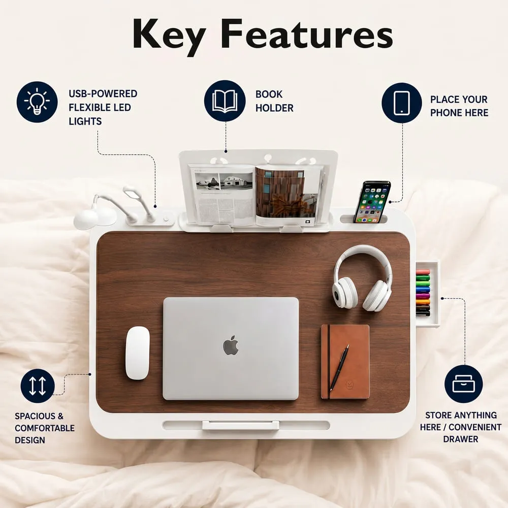 StarAndDaisy Wooden Finish Adjustable Laptop Bed Table with Book Holder, USB LED Light, Mini Fan & Side Drawer | Foldable Study Desk – Dark Brown & White - Image 5
