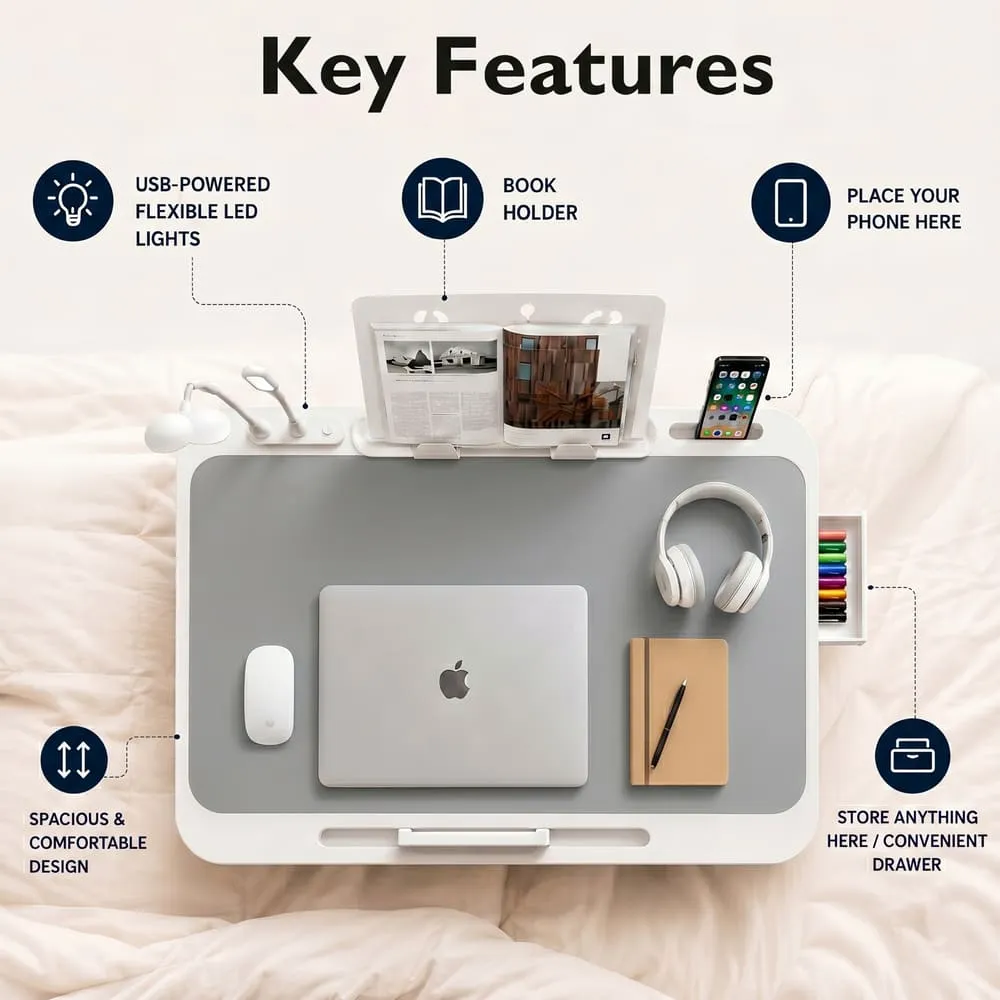 StarAndDaisy Adjustable Laptop Bed Table with USB LED Light, Mini Fan, Book Holder & Storage Drawer, Foldable Lap Desk for Bed, Sofa & Floor - Grey & White - Image 5