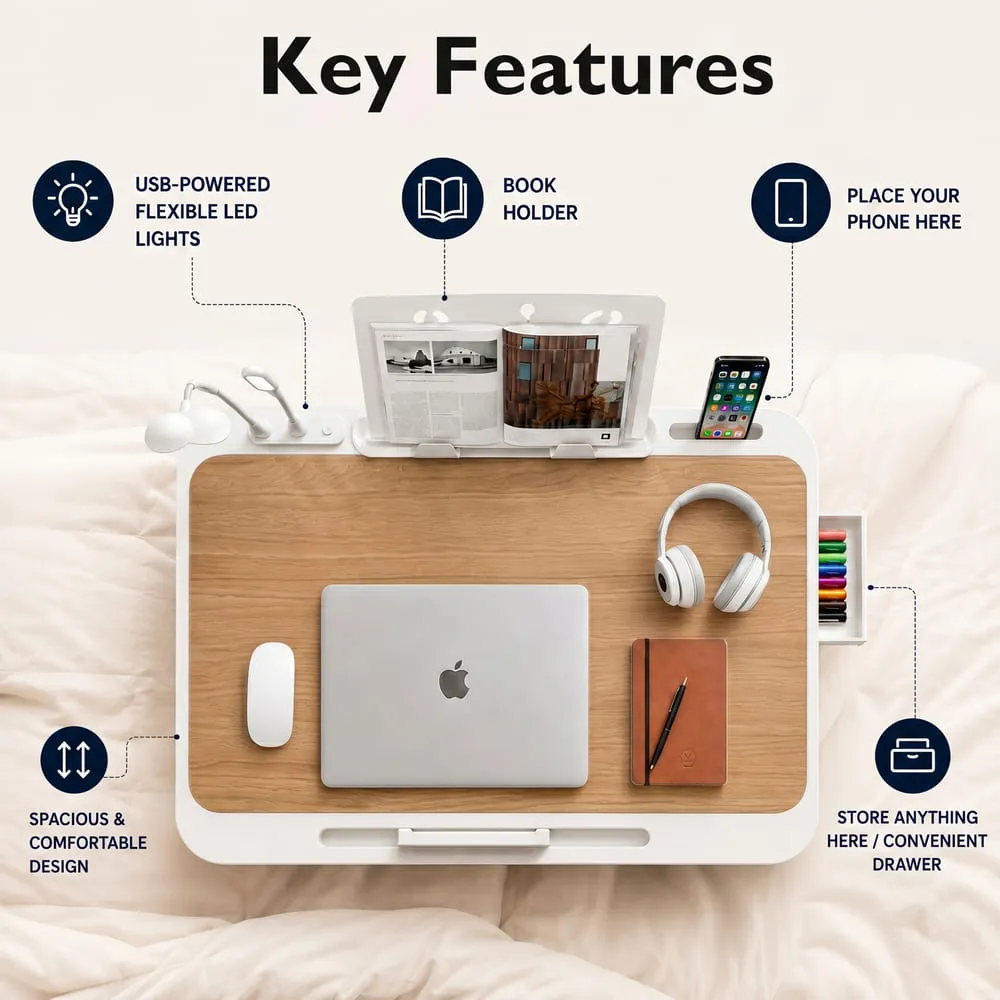 StarAndDaisy Wooden Finish Adjustable Laptop Bed Table with Book Holder, USB LED Light, Mini Fan & Side Drawer | Foldable Study Desk – Brown & White - Image 6