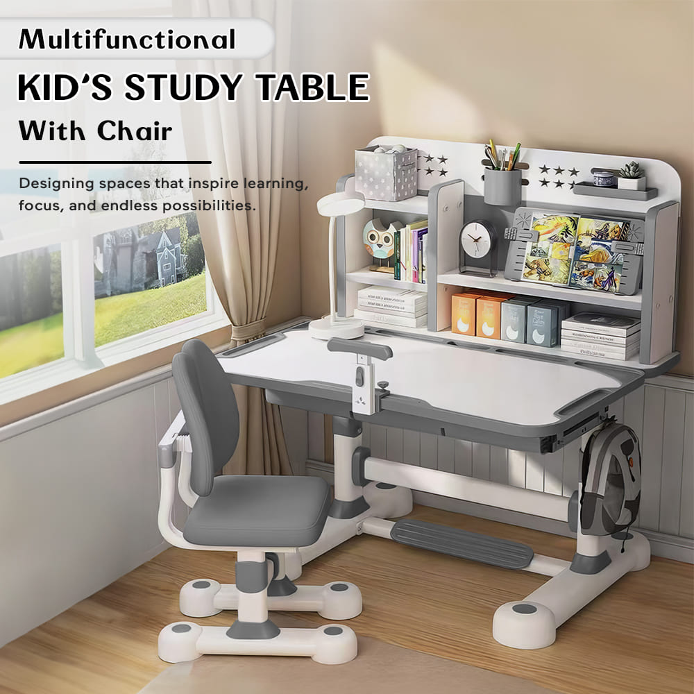 StarAndDaisy Multifunctional Kids Study Table With Chair, Height Adjustable, Smart Storage Area, Book Shelf & Flexible Desk - SQ-006 (Grey) - Image 2