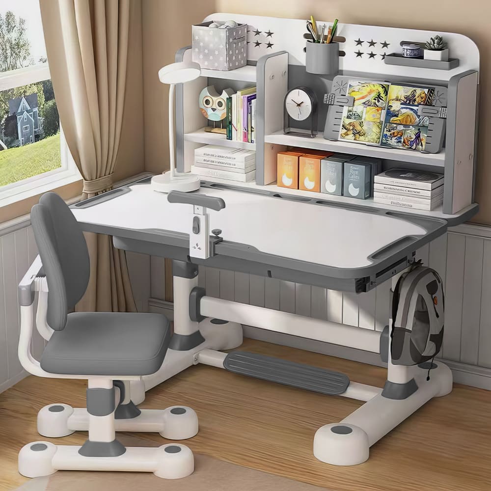 StarAndDaisy Multifunctional Kids Study Table With Chair, Height Adjustable, Smart Storage Area, Book Shelf & Flexible Desk - SQ-006 (Grey)