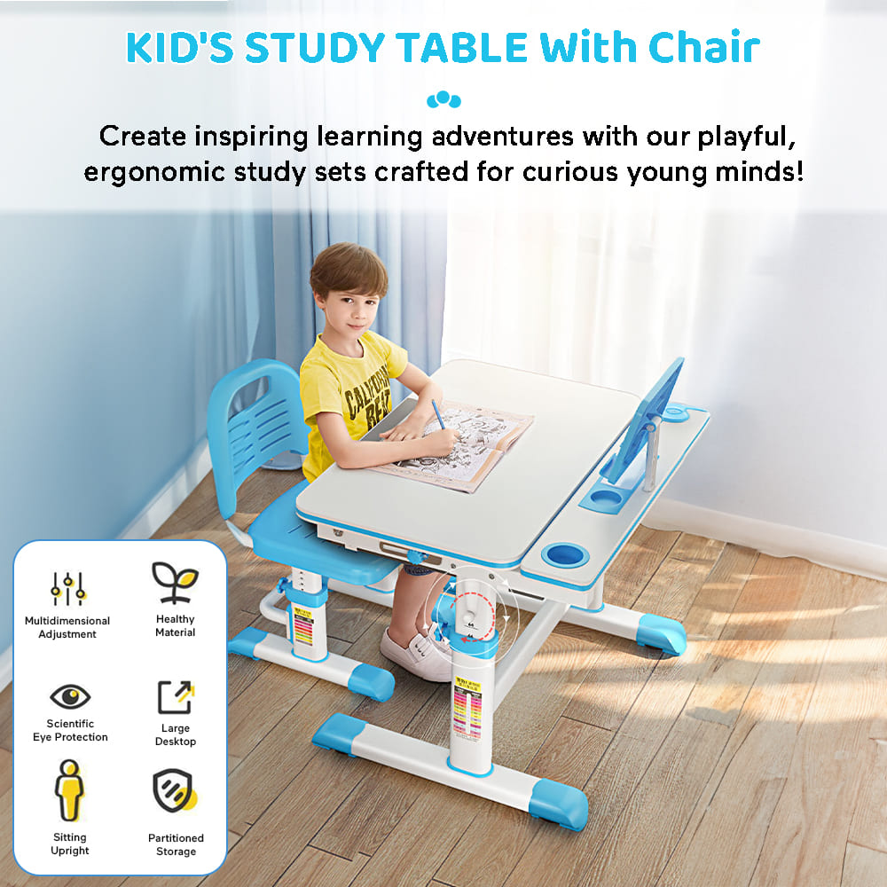 StarAndDaisy Study Table Chair Set for Kids with Adjustable Height, Smart Storage, Flexible Desk, and Book Holder - 80A Blue - Image 2