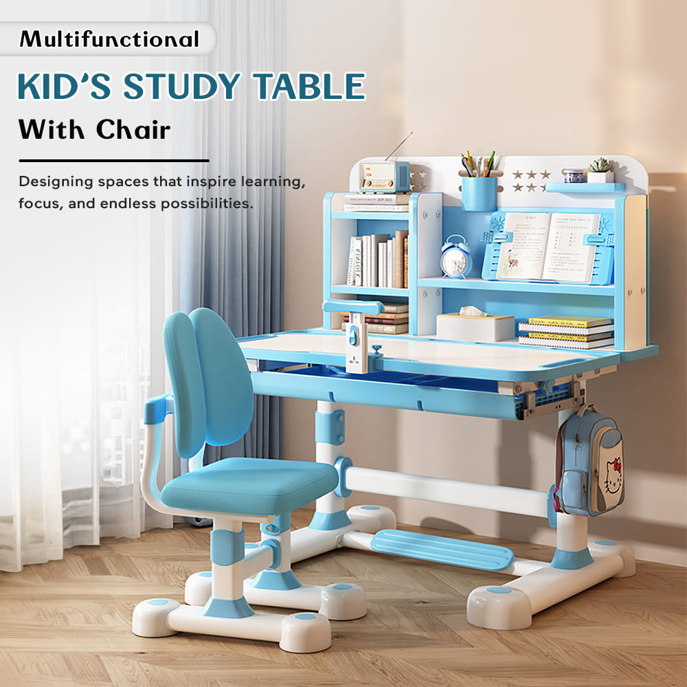 StarAndDaisy Best Study Table for Kids With Chair, Height Adjustable, Smart Storage Area, Book Shelf & Flexible Desk - SQ-006 Blue - Image 2