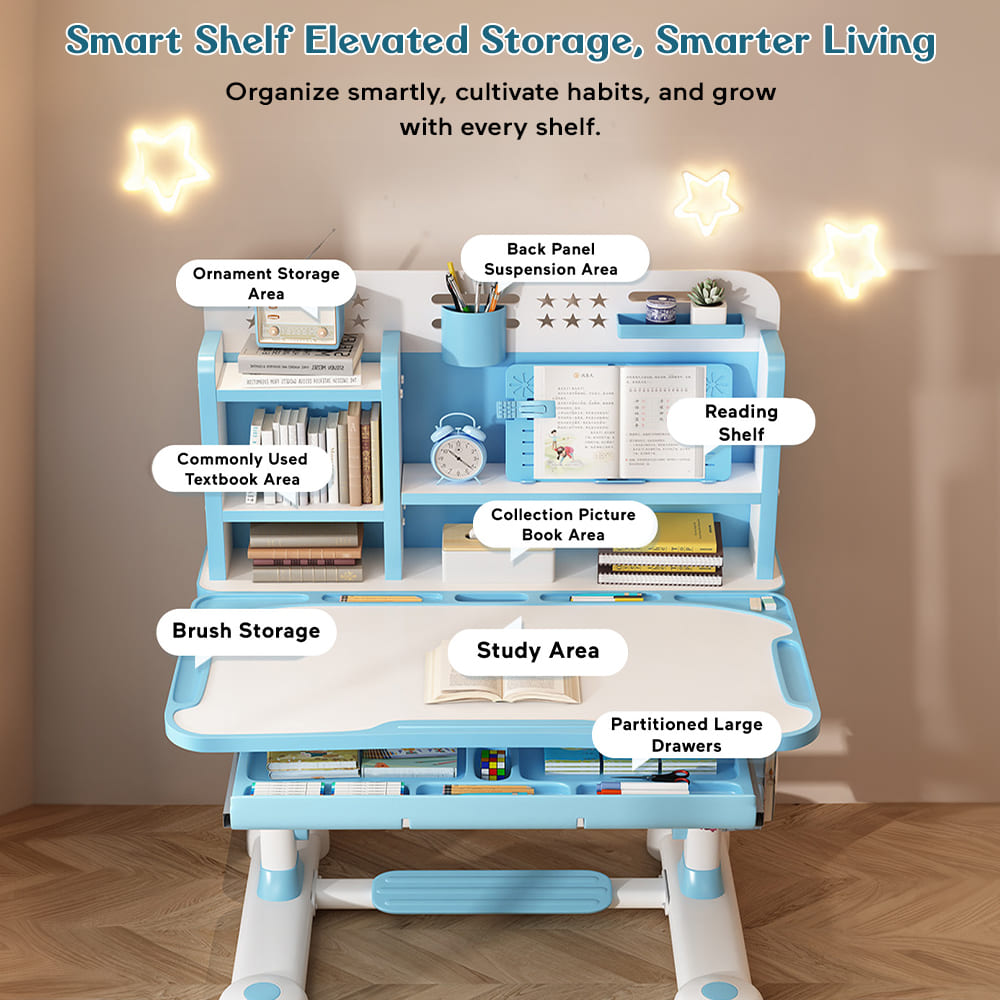 StarAndDaisy Best Study Table for Kids With Chair, Height Adjustable, Smart Storage Area, Book Shelf & Flexible Desk - SQ-006 Blue - Image 3