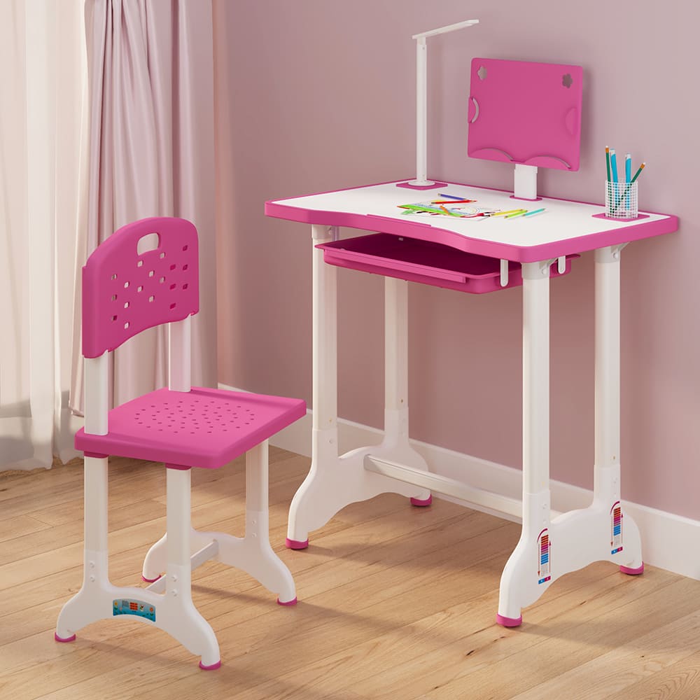 StarAndDaisy Multifunctional Study Table for Kids, Height Adjustable, Storage Cabinet, and Book Holder Aged 3-10 years - E60 Pink