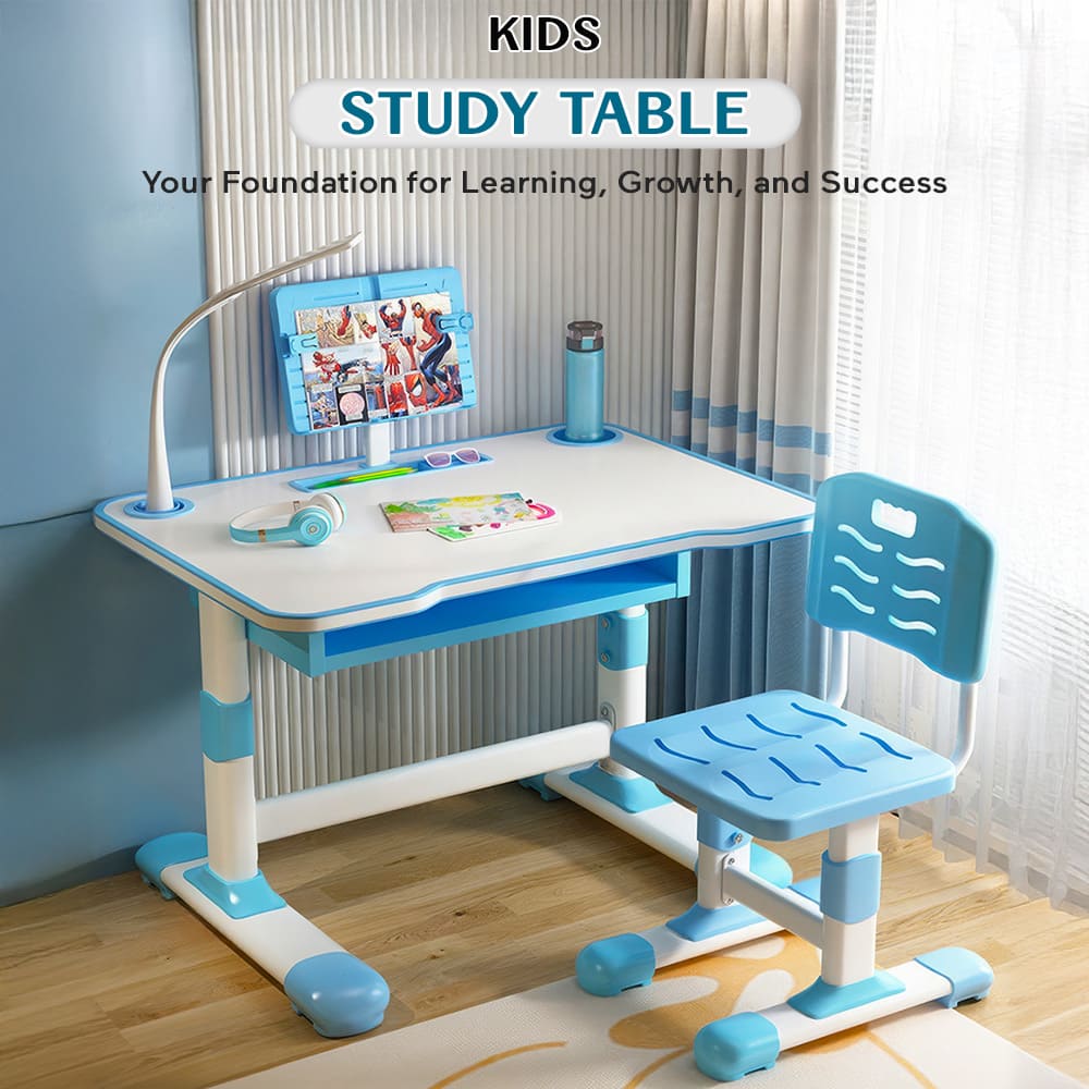 StarAndDaisy Kids Study Table and Chair Set with Led Light & Adjustable Height with Book Holder - Kid Desk with Chair for Children & Students - K80 Blue - Image 2