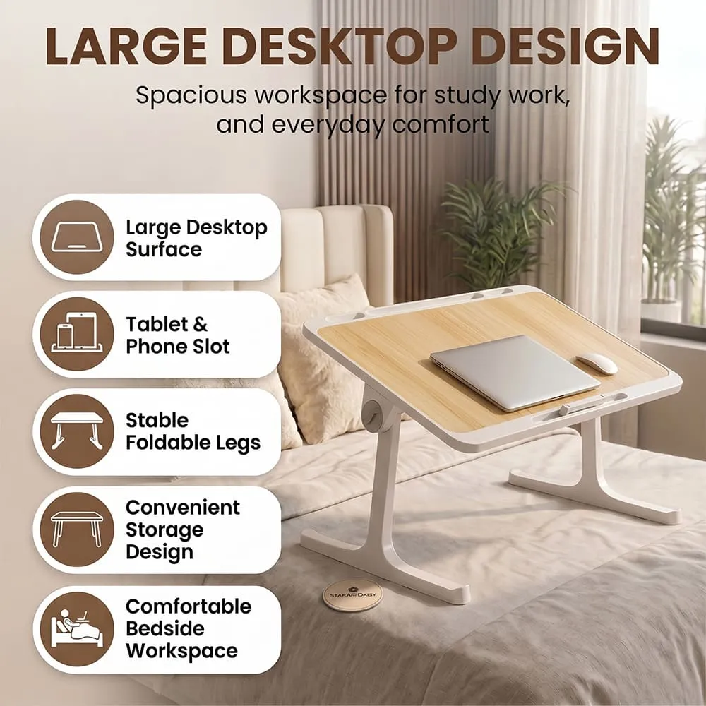 StarAndDaisy T9 Laptop Bed Table with Foldable Legs, Storage Drawer, Book Holder & Adjustable Angles for Bed – Light Brown - Image 7