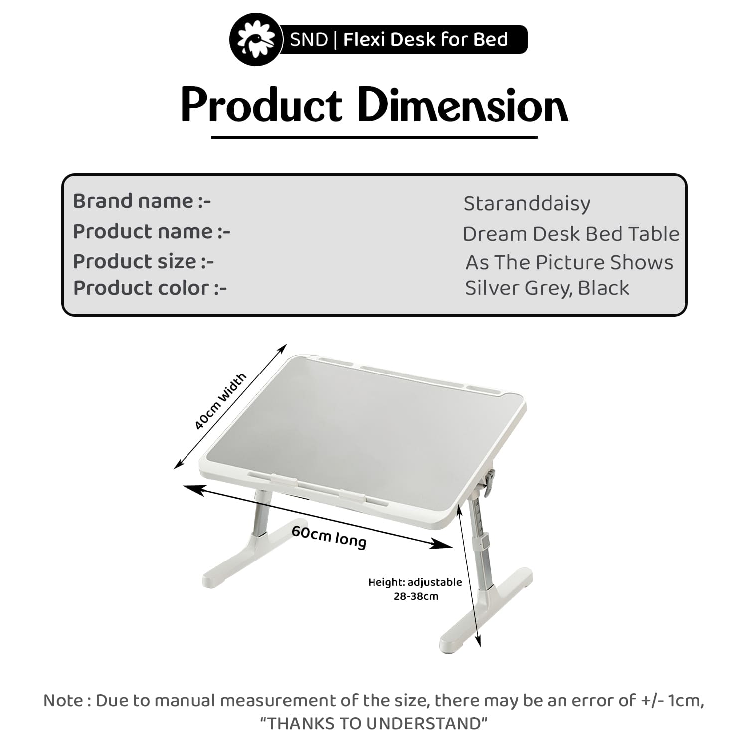 StarAndDaisy Portable Laptop Table, Foldable Bed Table with 7 Levels of Height Adjustable - Grey - Image 7