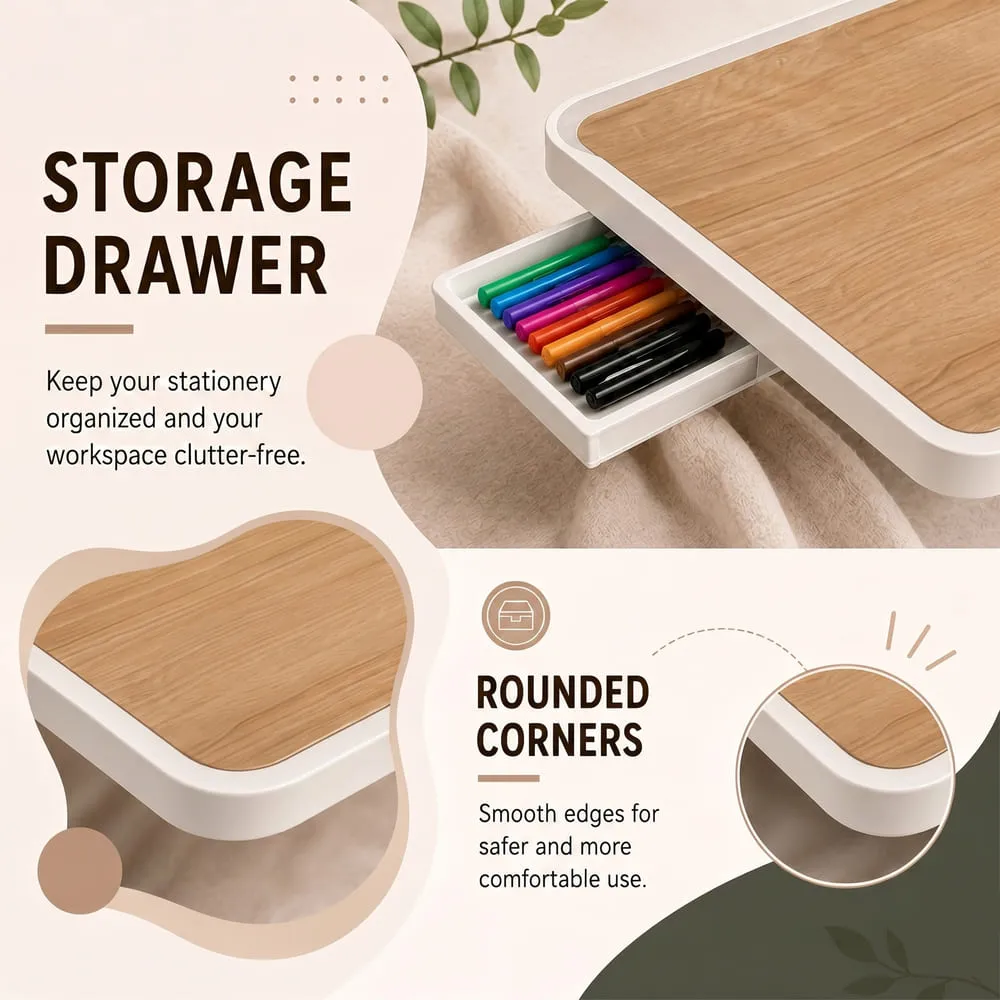 StarAndDaisy Wooden Finish Adjustable Laptop Bed Table with Book Holder, USB LED Light, Mini Fan & Side Drawer | Foldable Study Desk – Brown & White - Image 7