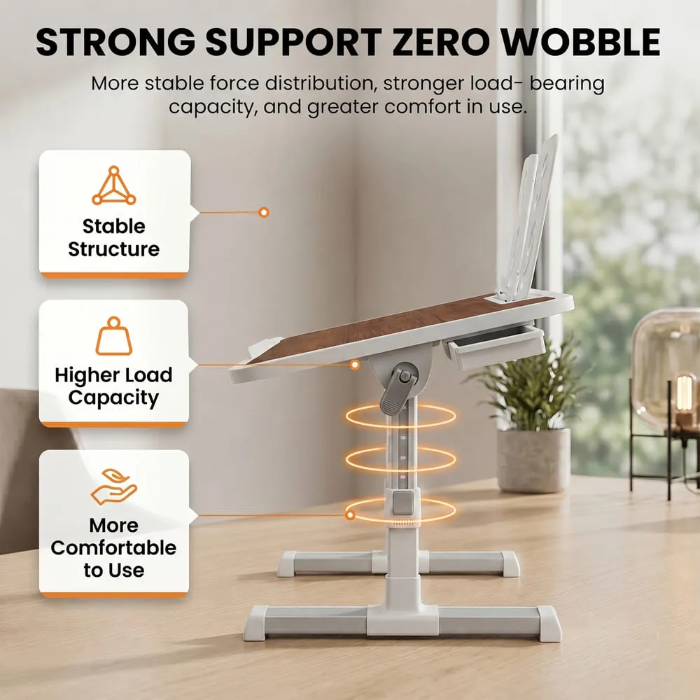 StarAndDaisy Wooden Finish Adjustable Laptop Bed Table with Book Holder, USB LED Light, Mini Fan & Side Drawer | Foldable Study Desk – Dark Brown & White - Image 3