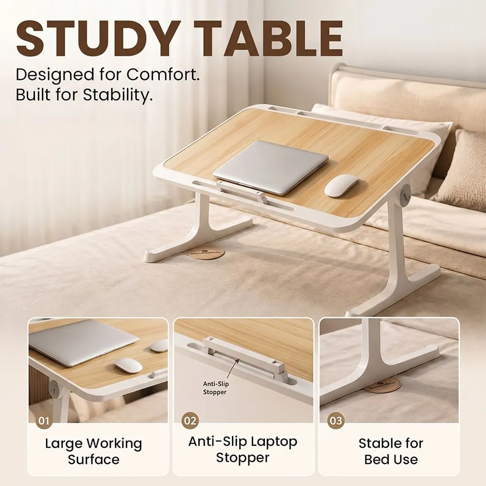 StarAndDaisy T9 Laptop Bed Table with Foldable Legs, Storage Drawer, Book Holder & Adjustable Angles for Bed – Light Brown - Image 4