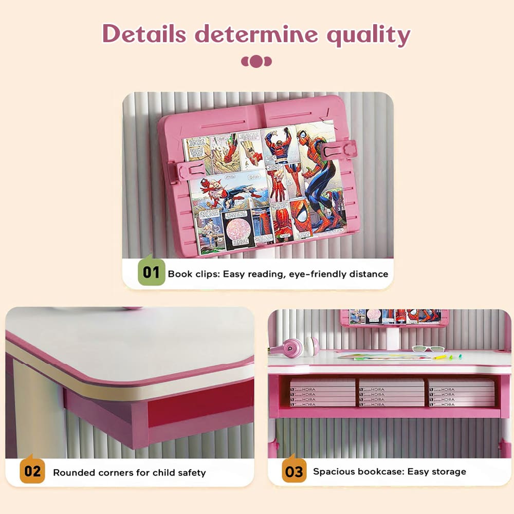 StarAndDaisy Kids Study Table Desk and Chair with Adjustable Height with Book Holder, Storage and LED Light (K80-Pink) - Image 8