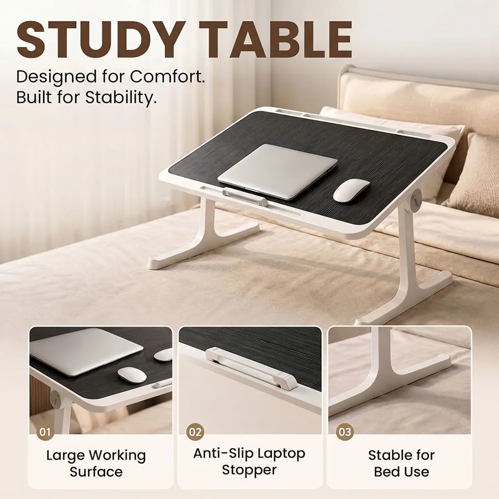 StarAndDaisy T9 Laptop Bed Table for Bed & Sofa, Adjustable Study Table with Storage Drawer, Book Holder, Foldable Legs & 4-Level Angle Adjustment - Black & White - Image 4