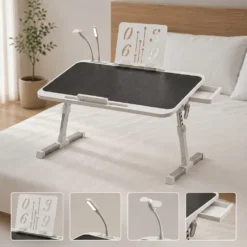 StarAndDaisy Adjustable Bed Table for Laptop with Book Holder, USB LED Light & Mini Fan, Foldable Study Table for Bed/Sofa, Side Drawer & Cup/Tablet Slot – Black & White