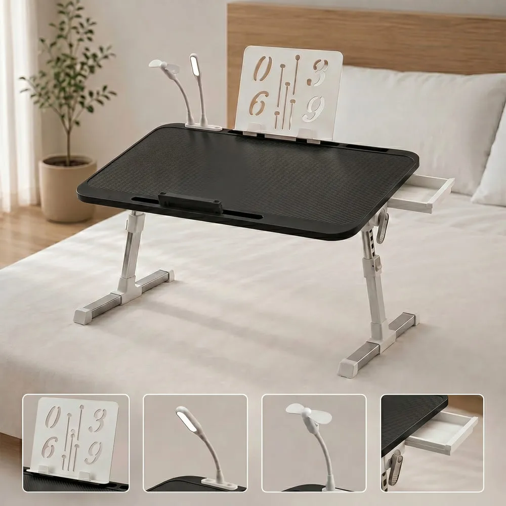 StarAndDaisy Adjustable Bed Table for Laptop with Book Holder, USB LED Light & Mini Fan, Foldable Study Table for Bed/Sofa, Side Drawer & Cup/Tablet Slot – Black