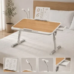 StarAndDaisy Wooden Finish Adjustable Laptop Bed Table with Book Holder, USB LED Light, Mini Fan & Side Drawer | Foldable Study Desk – Brown & White