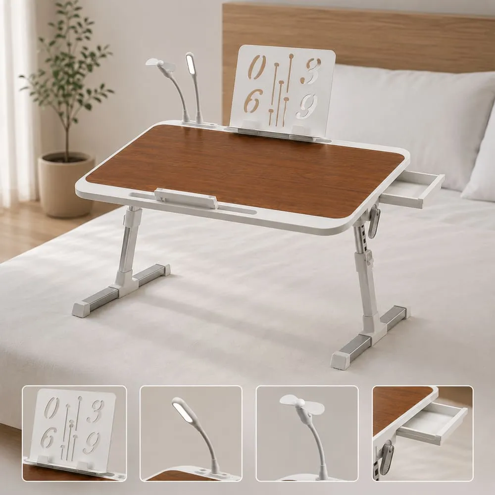 StarAndDaisy Wooden Finish Adjustable Laptop Bed Table with Book Holder, USB LED Light, Mini Fan & Side Drawer | Foldable Study Desk – Dark Brown & White