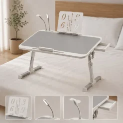 StarAndDaisy Adjustable Laptop Bed Table with USB LED Light, Mini Fan, Book Holder & Storage Drawer, Foldable Lap Desk for Bed, Sofa & Floor - Grey & White