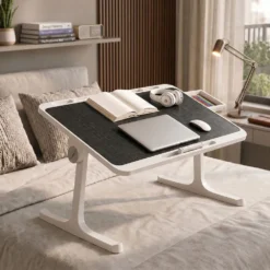 StarAndDaisy T9 Laptop Bed Table for Bed & Sofa, Adjustable Study Table with Storage Drawer, Book Holder, Foldable Legs & 4-Level Angle Adjustment - Black & White