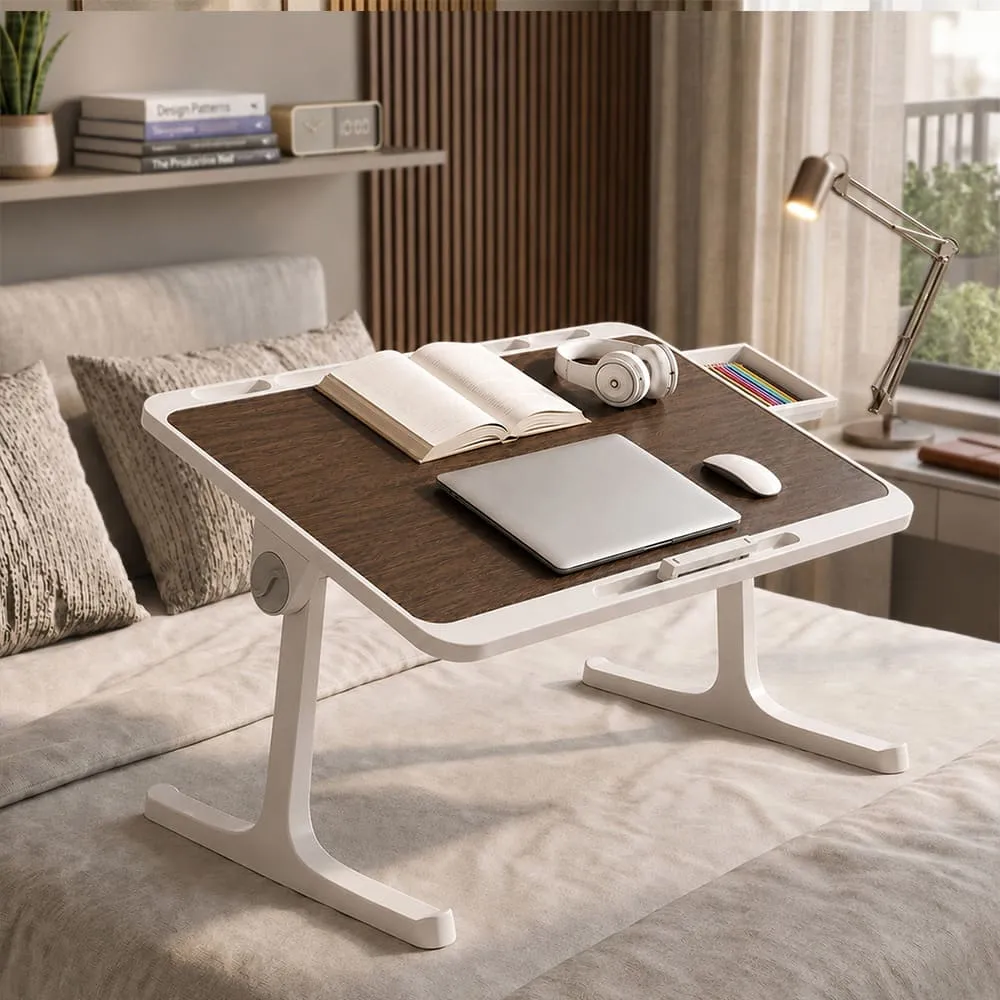 StarAndDaisy T9 Wooden Finish Laptop Bed Table, Adjustable Study Table with Storage Drawer, Tablet Holder, Foldable Legs, Portable Desk for Bed & Sofa - Brown