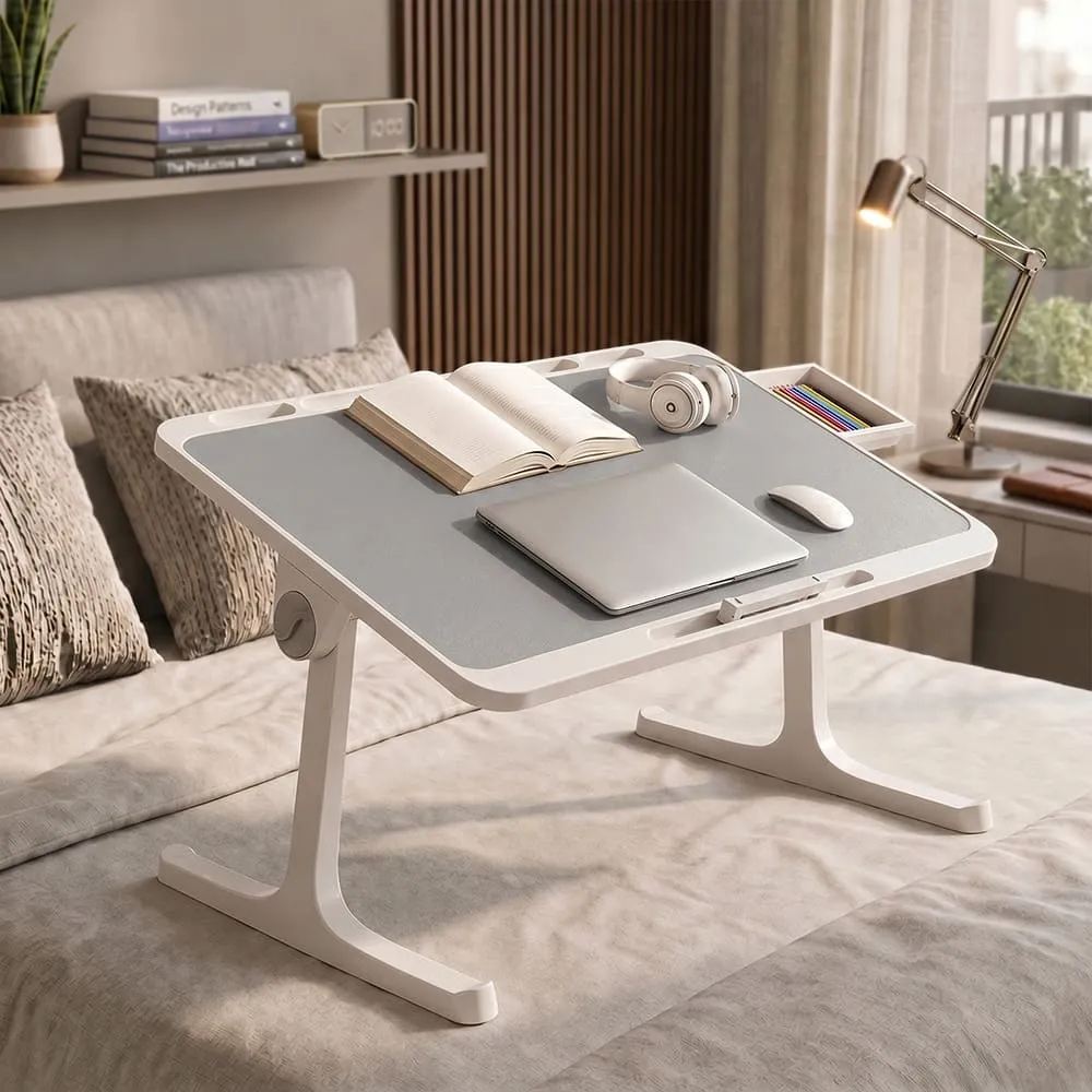 StarAndDaisy T9 Laptop Bed Table with 4-Level Adjustable Angle, Storage Drawer, Portable Study Table for Bed, Sofa & Floor | Grey & White