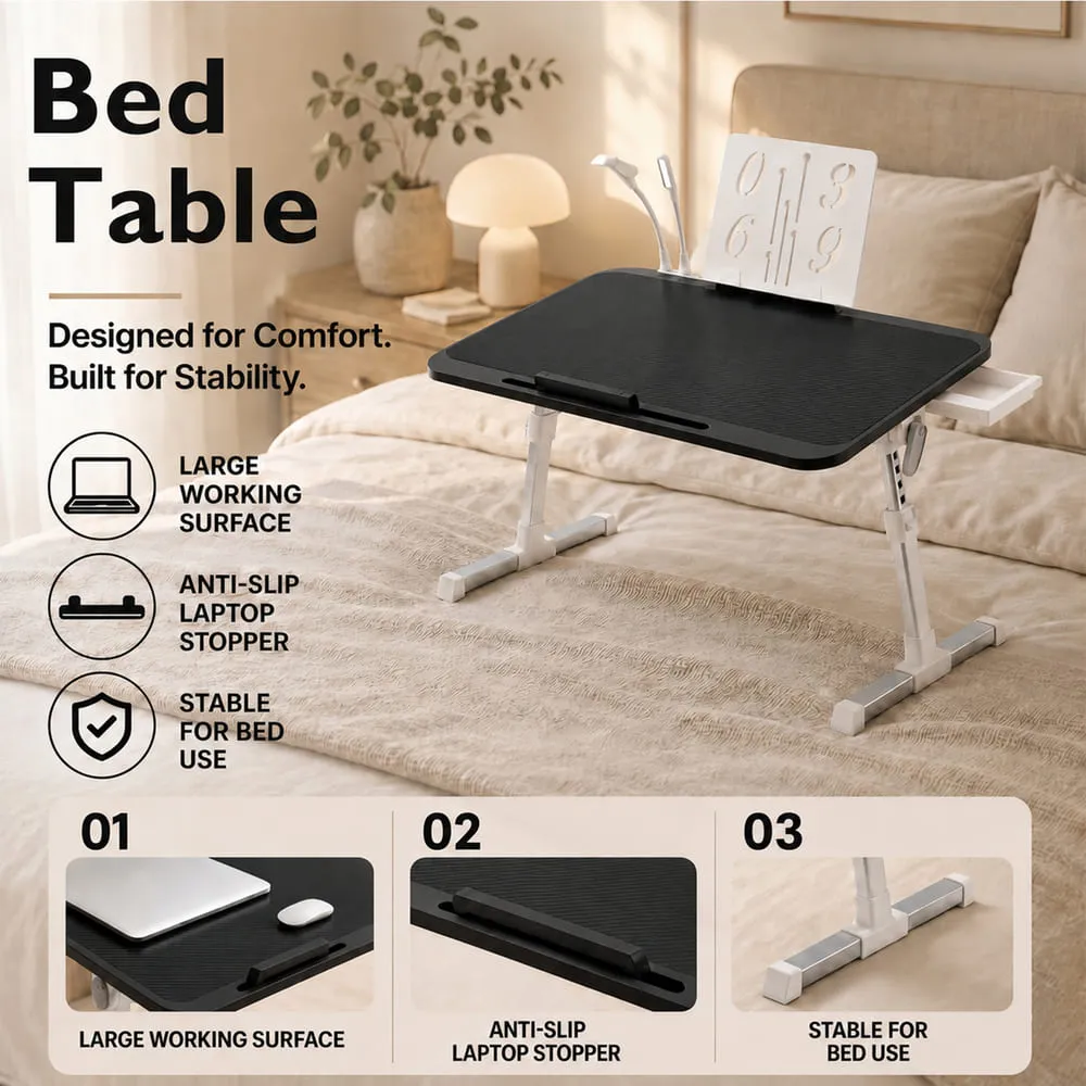 StarAndDaisy Adjustable Bed Table for Laptop with Book Holder, USB LED Light & Mini Fan, Foldable Study Table for Bed/Sofa, Side Drawer & Cup/Tablet Slot – Black - Image 8