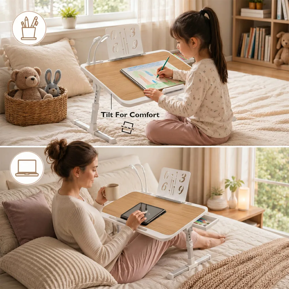 StarAndDaisy Wooden Finish Adjustable Laptop Bed Table with Book Holder, USB LED Light, Mini Fan & Side Drawer | Foldable Study Desk – Brown & White - Image 2