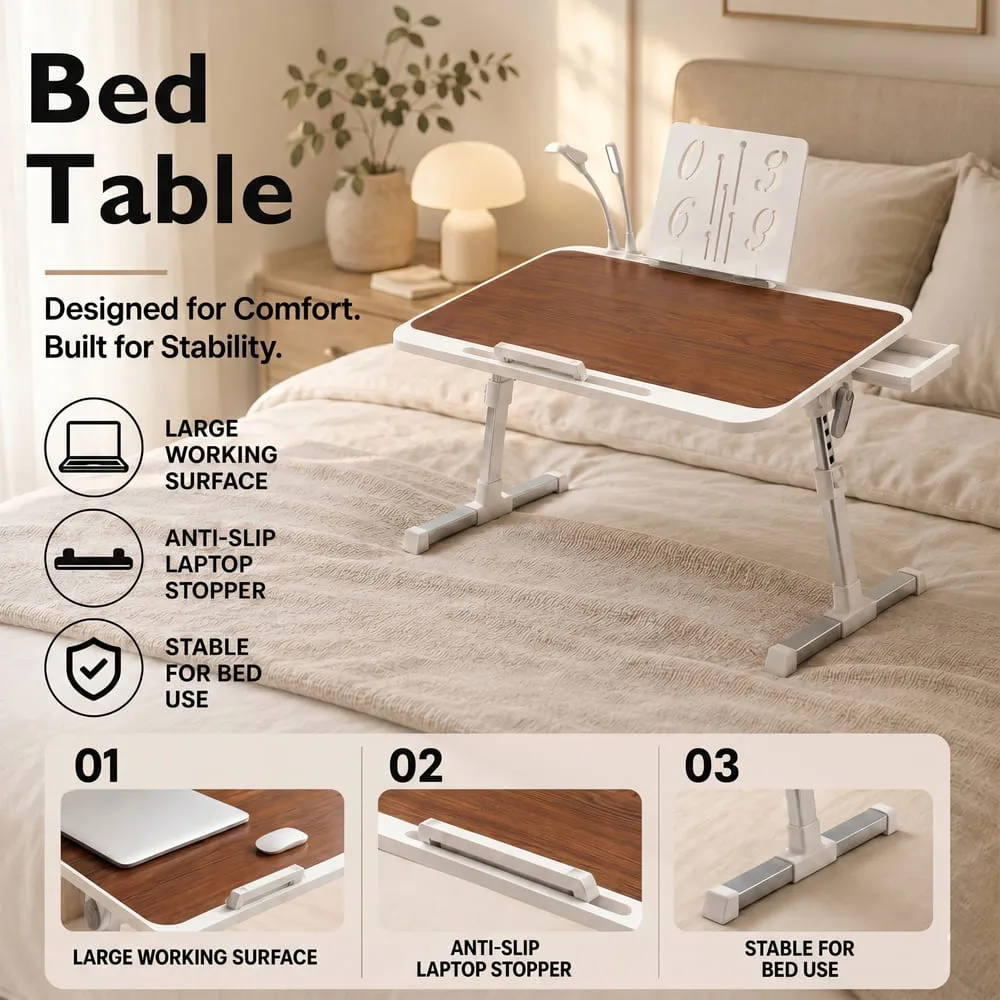 StarAndDaisy Wooden Finish Adjustable Laptop Bed Table with Book Holder, USB LED Light, Mini Fan & Side Drawer | Foldable Study Desk – Dark Brown & White - Image 2